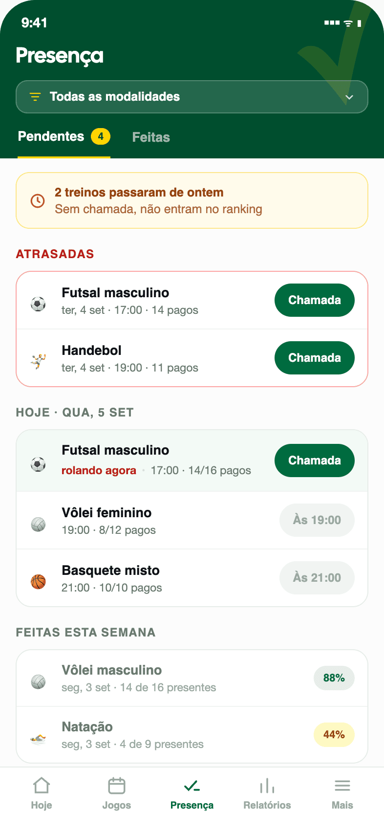 Tela de chamada de presença do Fechai com treinos pendentes e feitos
